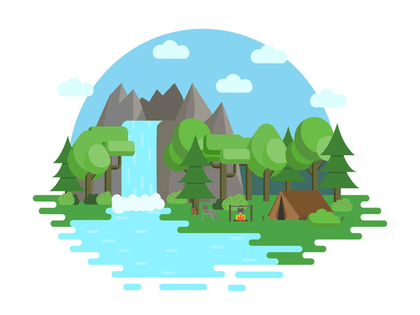 Camping in nature. Travelling concept. Flat design landscape with tent, fire, forest and mountains. Vector illustration isolated on white background. - Vektor, kép