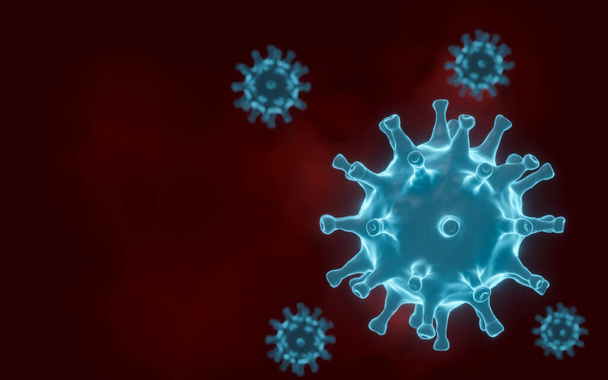 Κύτταρο του Coronavirus μέσα στο ανθρώπινο σώμα. Κύτταρο Covid-19 στο μικροσκόπιο. Ρεαλιστική τρισδιάστατη απόδοση. Μοντέλο προσομοίωσης ιών σε αναπνευστικές λοιμώξεις. Έννοια της υγιεινής φροντίδας. - Φωτογραφία, εικόνα