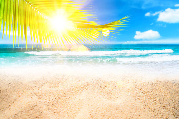 Bulanık, yeşil palmiye yaprağı tropikal plajda, Bokeh güneş ışığı dalgası soyut arka planda. Yaz tatili ve iş seyahati konseptini kopyala. Klasik ton filtre efekti renk biçimi - Fotoğraf, Görsel