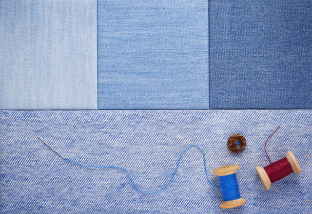 sewing bobbin at jeans texture - Φωτογραφία, εικόνα