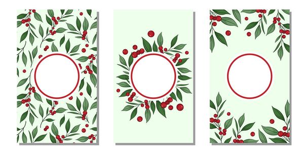  Set of vertical greeting cards with red berries, green branches, leaves: floral botanical background; an be used also for banners, invitations. - Vetor, Imagem
