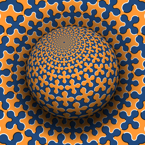 Optical illusion hypnotic vector illustration of cruciform shapes pattern. Patterned blue orange globe soaring above the same surface. - Vector, Image