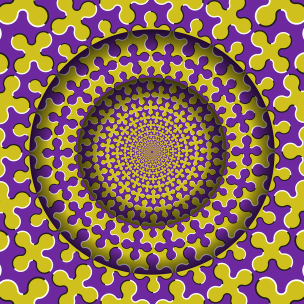 Abstract round frame with a moving purple yellow cruciform shapes pattern. Optical illusion hypnotic background. - Vector, Image