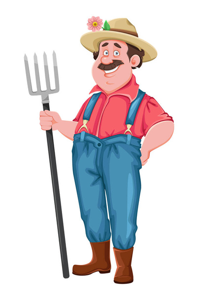 Personagem de desenho animado agricultor. Fazendeiro alegre segurando forquilha. Vetor de estoque isolado em branco
 - Vetor, Imagem