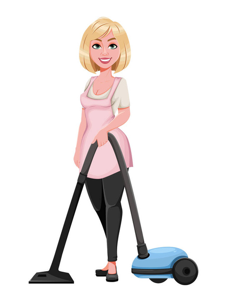 Hausfrauenkonzept, junge hübsche Frau beim Staubsaugen. Schöne Dame Cartoon-Figur. Aktienvektor - Vektor, Bild