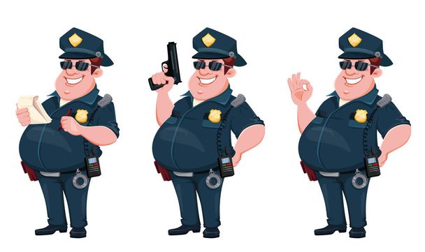 Αστυνομικός, σύνολο των τριών πόζες. Χαρούμενα κινούμενα σχέδια χαρακτήρα αστυνομικός με όπλο, με σημειωματάριο και δείχνει ok σημάδι. Εικονογράφηση διανύσματος σε λευκό φόντο - Διάνυσμα, εικόνα