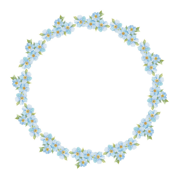 Forget-me-nots. Nature watercolor background. Floral  wreath with place for text on white. - Фото, изображение