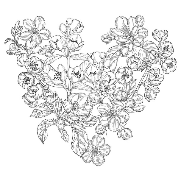 Blooming spring branches of apple, quince and jasmine. Vector. Nature background. Heart shaped composition. - Vektor, kép