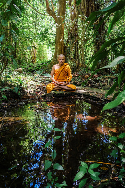 Buddhisg mnich meditovat v hlubokém lese náboženství koncept - Fotografie, Obrázek