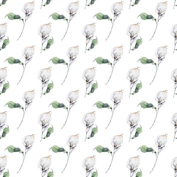 Seamless pattern with white calla lily flowers and green leaves. - 写真・画像