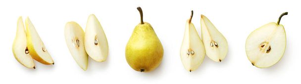 Set of fresh whole and cut pear and slices isolated on white background. From top view - Photo, Image