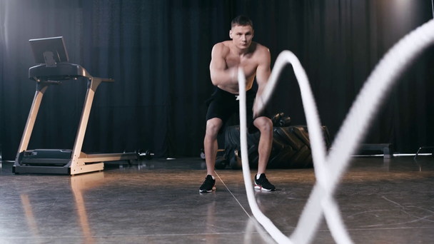 muscular man exercising with battle ropes in gym  - Felvétel, videó