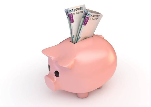 A pink piggy bank with a rolled up pair of russian ruble bank notes inserted into it on an isolated white studio background - 3D render - Photo, Image