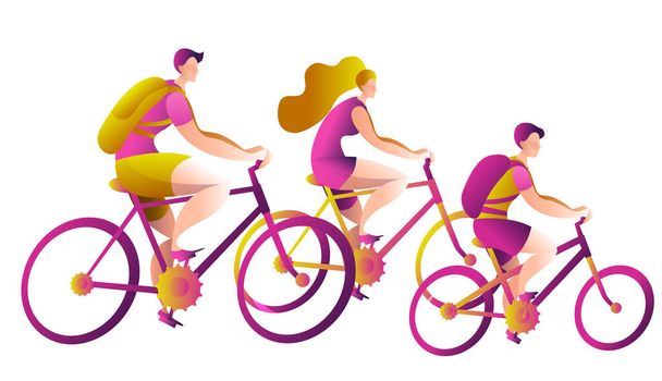 A family of cyclists on a walk. Mom, dad and son ride a bike. - Vector, Image