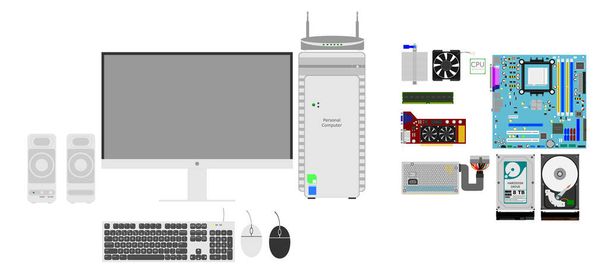 Ilustración o vector para el sistema de escritorio de la computadora incluido Monitor, caso, altavoz, teclado, ratón, router inalámbrico, placa base, CPU, RAM, fuente de alimentación, tarjeta gráfica, almacenamiento en disco duro
. - Vector, imagen