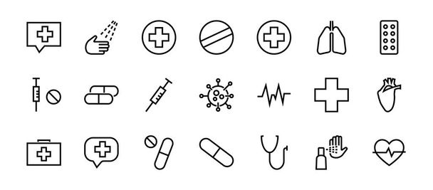 Eenvoudige set van geneeskunde, pillen gerelateerde vectorlijn pictogrammen. Bevat pictogrammen zoals Pijn, Spuit, tablet en meer. Bewerkbare beroerte. 480x480 pixels perfect, op een witte achtergrond - Vector, afbeelding