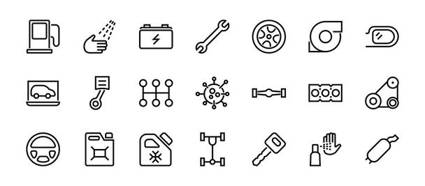 Eine einfache Reihe von Kfz-Dienstleistungen im Zusammenhang mit Vektorzeilensymbolen. Enthält Symbole wie Öl, Diagnose, Turbine, Lenkrad, Fahrwerk, Getriebe und vieles mehr. Editierbare Bewegung. 480x480 Auf weißem Hintergrund - Vektor, Bild