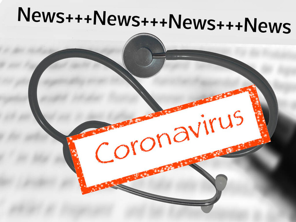 Nachrichtenstempel Coronavirus mit Stethoskop - Foto, Bild