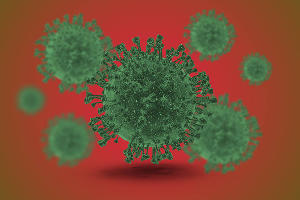 3DイラストCovid-19を赤の独立した背景で撮影。コロナウイルスの正式名称を発表した世界保健機関(WHO). - 写真・画像