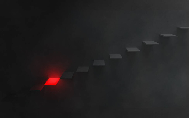 Οριζόντια άποψη αμυδρά φωτισμένο, γκρι βήματα σκυροδέματος κατεβαίνει στο σκοτάδι κατά μήκος της πλευράς ενός γκρίζου τσιμεντένιου τοίχου. Ένα βήμα κοντά στον πυθμένα εκπέμπει ένα δυσοίωνο, λαμπερό κόκκινο προειδοποιητικό φως. 3d εικονογράφηση - Φωτογραφία, εικόνα