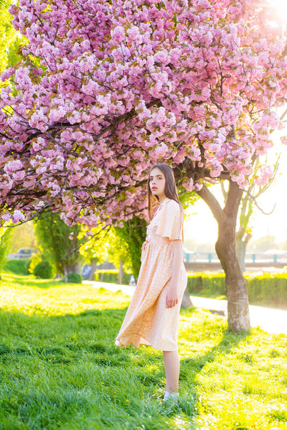 Cherry blossom. Happy pretty young woman with spring flowers at garden. - Valokuva, kuva