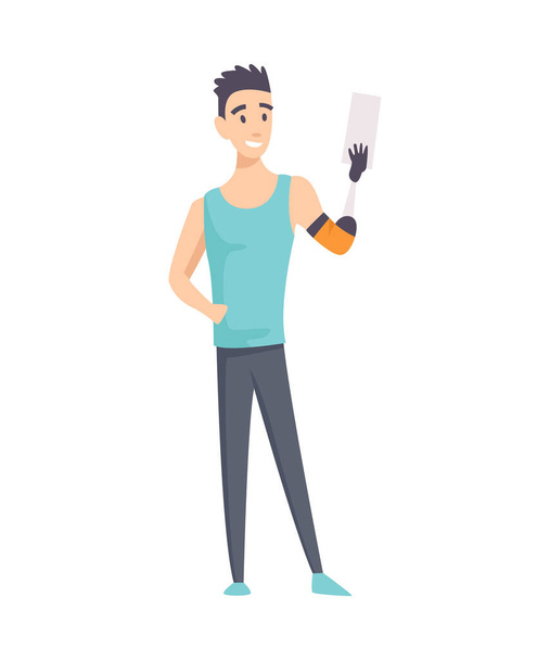 Young handicapped person with phone. Man prosthesis hand, sportsman with amputation, disability person prosthetic. Vector illustration - Vector, Image