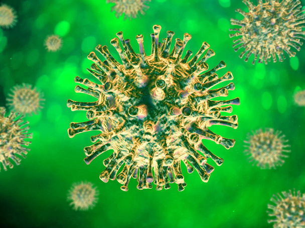 Escena del virus Corona. Temas verdes / amarillos Sobre fondo verde
. - Foto, imagen