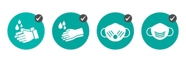 Preventive measures icons how not to get a virus. Wash hands and wear medical masks - Vector, Image
