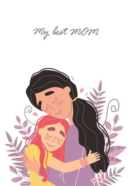 Beautiful young woman and her charming little daughter. Girl hugs mom and smiles. Mothers day greeting card. Vector illustration in trendy style - Vector, Image
