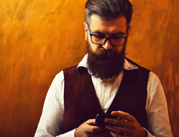 Bearded man, brutal caucasian hipster with moustache in glasses - Фото, изображение