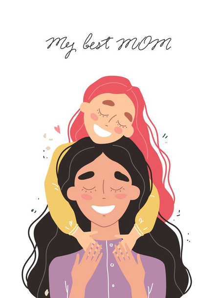 Beautiful young woman and her charming little daughter. Girl hugs mom and smiles. Mothers day greeting card. Vector illustration in trendy style - Vetor, Imagem