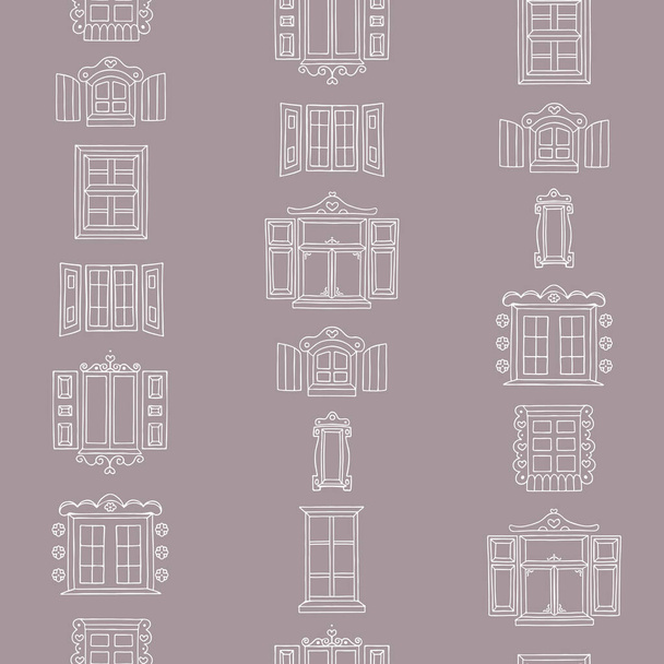 Vector Hand Drawn Old Town Windows on Cocoa Brown seamless pattern background. - Vektor, Bild