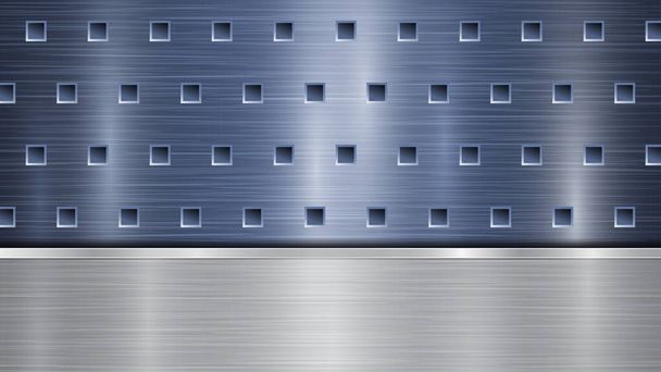 Background of blue perforated metallic surface with holes and horizontal silver polished plate with a metal texture, glares and shiny edges - Vector, Image