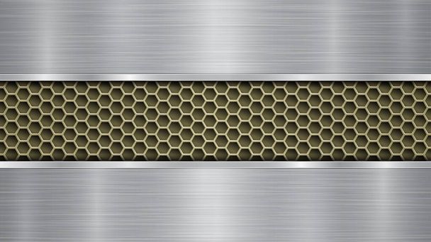 Background of golden perforated metallic surface with holes and two silver horizontal polished plates with a metal texture, glares and shiny edges - Vector, Image