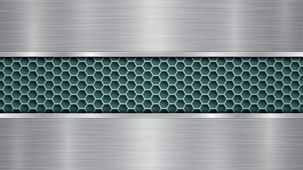 Achtergrond van lichtblauwe geperforeerde metalen oppervlak met gaten en twee horizontale zilveren gepolijste platen met een metalen textuur, glans en glanzende randen - Vector, afbeelding
