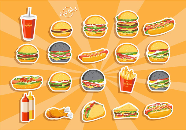 Gyorsétterem hamburger, ízletes készlet gyorsétterem vektor - Vektor, kép