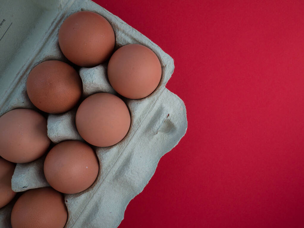 Overhead view of brown chicken eggs in an open egg carton isolated on red. Fresh chicken eggs background. Top view with copy space. Natural healthy food and organic farming concept. Eggs in box - Photo, Image