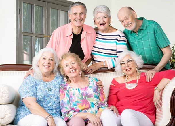 Seis alegres amigos mayores alrededor de un sofá antiguo
 - Foto, Imagen