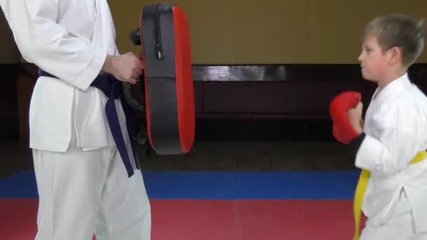 Sportowiec bije ciosy na czerwony sprzęt siłowni w rękach trenera - Materiał filmowy, wideo