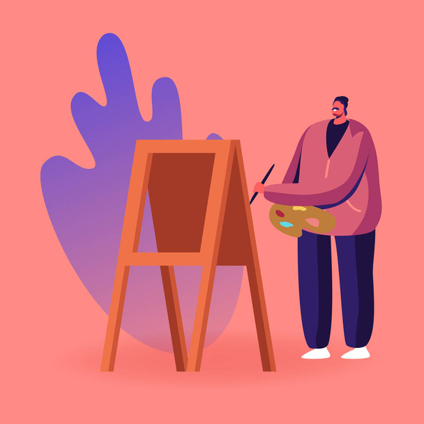 Talentvolle kunstenaar Man Karakter met Verf Palet en Brush Stand op Easel Canvas Painting, Kies Beroep uit het hart - Vector, afbeelding