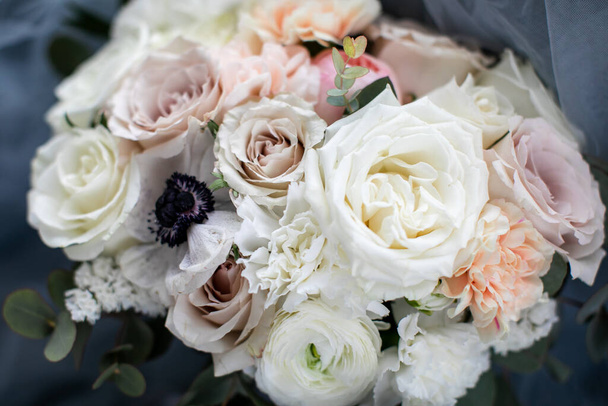 Wedding bouquet of pastel flowers, vintage style, blurred background - Photo, Image