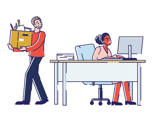 オフィスワークと人的資源の概念。女性オフィスワーカーがオフィス内のコンピュータで作業しています。解雇された従業員は職場を離れる。漫画リニアアウトラインフラットスタイル。ベクターイラスト - ベクター画像