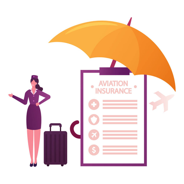 Concetto di assicurazione aerea. Personaggio hostess con bagaglio a enorme documento di politica di carta sotto l'ombrello
 - Vettoriali, immagini