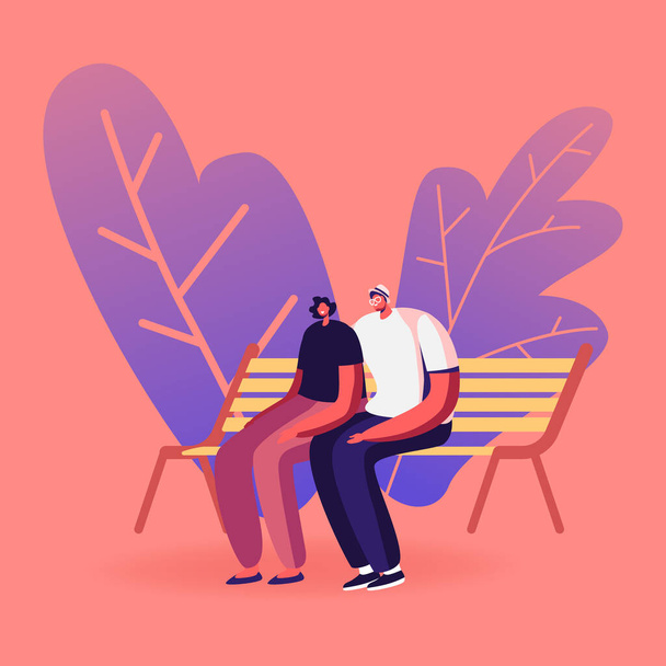 Şehir parkında Bench 'te oturan genç aşık çift. Aşk, Açık Hava Yaz Vakti, Boş Zaman - Vektör, Görsel