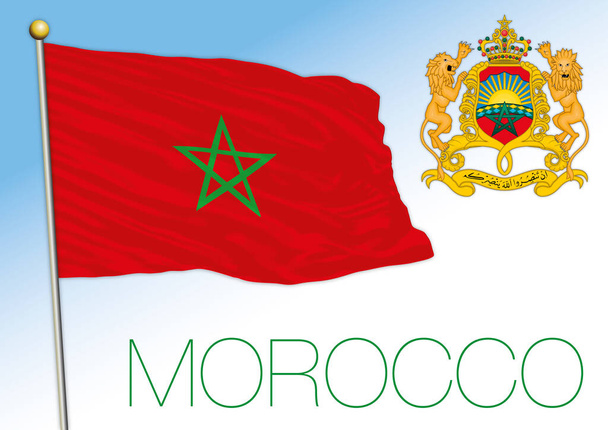 Fas resmi ulusal bayrağı ve arması, Kuzey Afrika ülkesi, vektör illüstrasyon - Vektör, Görsel