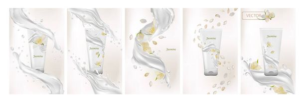Verzamel jasmijn crème. Melk splash met bloem jasmijn. 3D realistische jasmijn. Mooie witte bloemen. Geurende jasmijn. Vectorillustratie - Vector, afbeelding