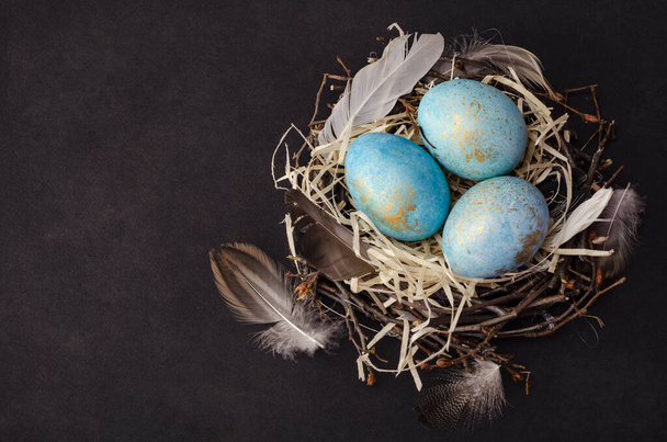 Easter eggs in a nest on dark background . Copy space, Ester holiday postcard concept. - Photo, Image