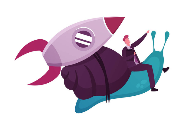 Business Acceleration Concept. Businessman Riding Flying Snail with Rocket Turbine. Start Up Project, Career Boost - Vector, Image