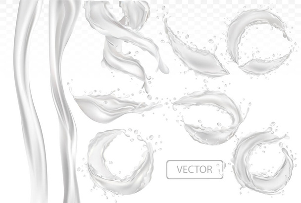 3D realistic splash of milk. Twisted fresh milk with drop on transparent background. Coctail milk. Yogurt, dessert. Set vector illustration - Vector, Image