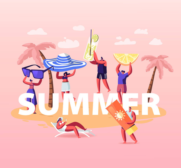 Summer Time Season Concept. People Enjoying Summertime Vacation, Relaxing on beach. Male and Female Characters - Vector, Image